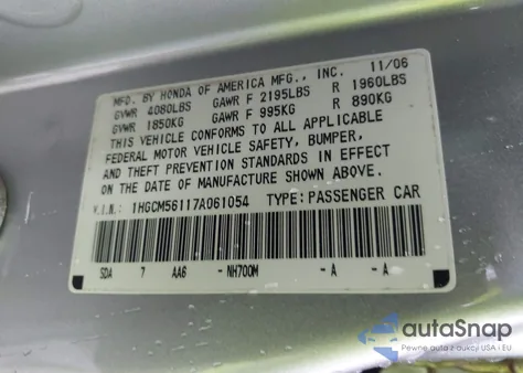2007 Honda Accord 2.4 Vp z USA, uszkodzony, nr VIN 1HGCM56117A061054